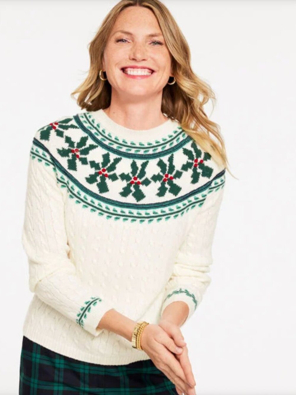 Talbots Sweater Holiday Yoke Fair Isle Crewneck Cotton Blend Small EUC Holly